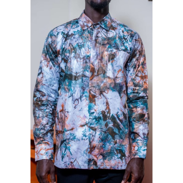 Timeless Threads: Long-Sleeved Batik Shirt in Light Brown and Blue Patterns