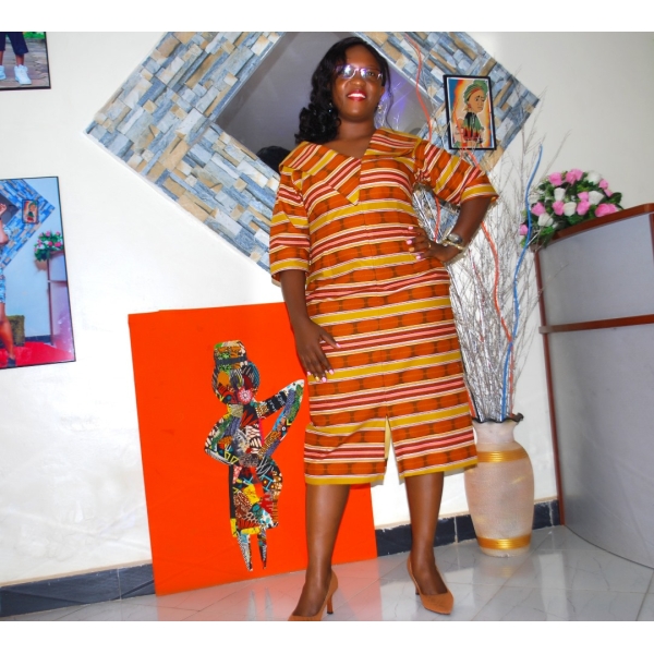Golden Ember: Striped Rust Office Dress with Modern V-Neck Detail