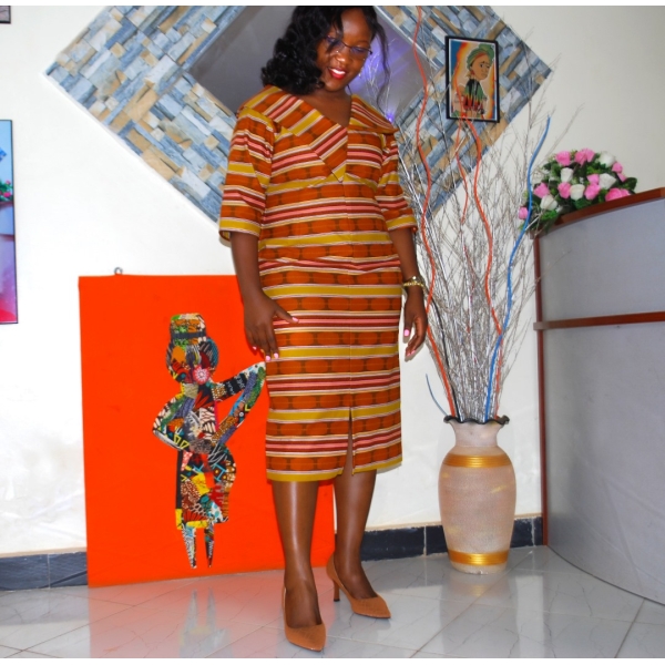 Golden Ember: Striped Rust Office Dress with Modern V-Neck Detail