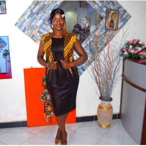 Golden Ember: Sleek Satin Sheath Dress with Bold Ankara Waistcoat Accent